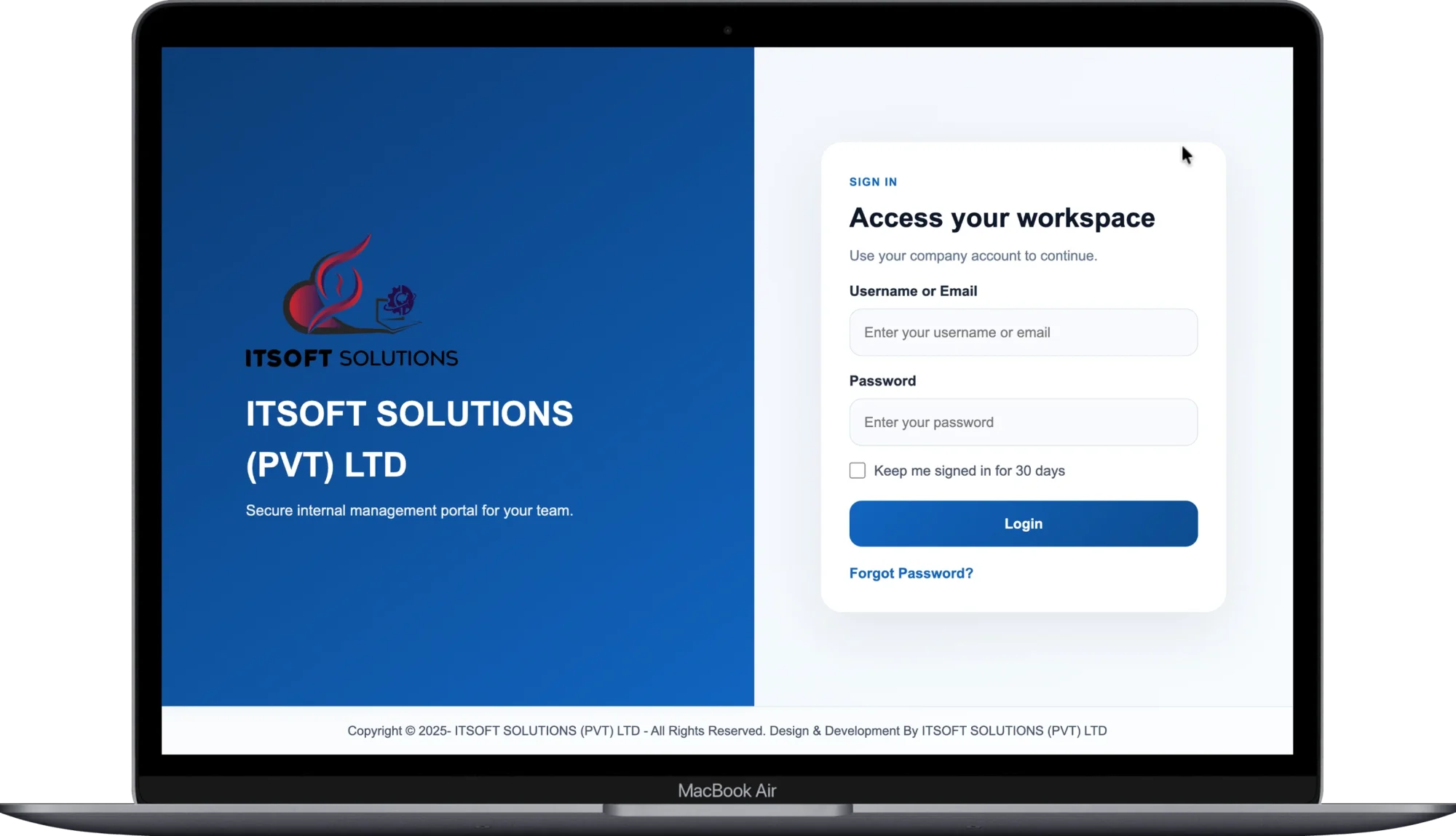 ITSOFT business management portal dashboard showing the centralised internal operations interface.